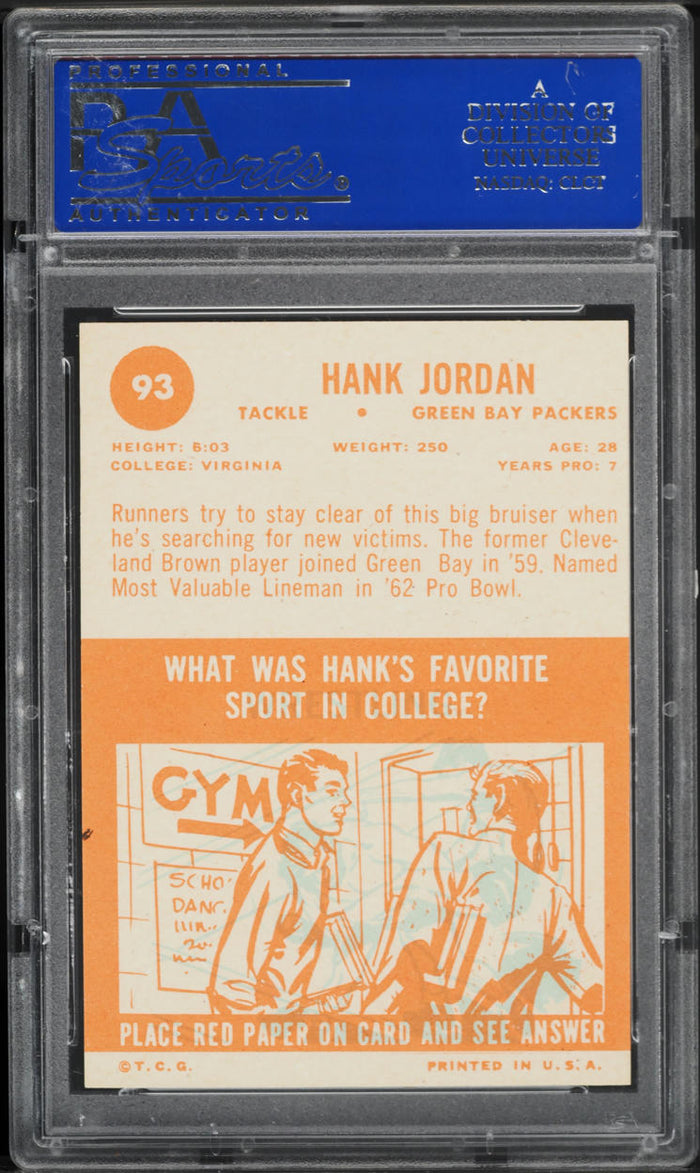 1963 Topps FB Card # 93 Hank Jordan Green Bay Packers HOF PSA 8 NM-MT (MGD2)