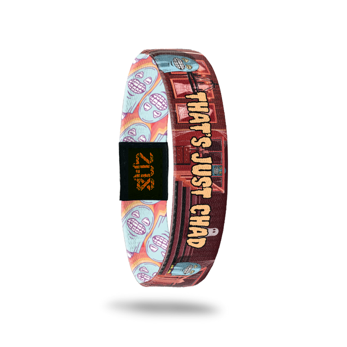 Product photo of the inside of 2020 - Day 13 - That's Just Chad: reddish haunted house design with child covered with a blue sheet and yellow 'THAT'S JUST CHAD' text
