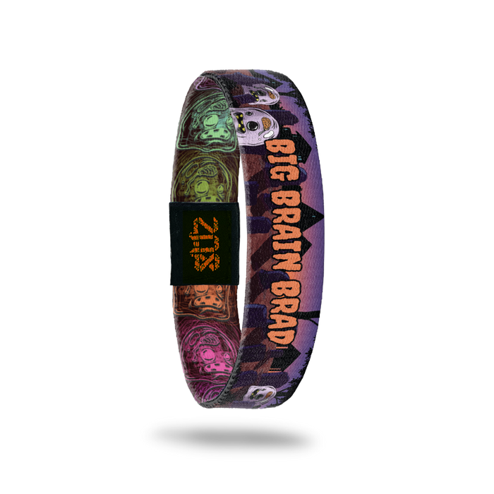 Product photo of 2020 - Day 19 - Big Brain Brad: graveyard design with light purple monster with little brain, one eye smaller than the other, and five teeth with orange 'BIG BRAIN BRAD' text