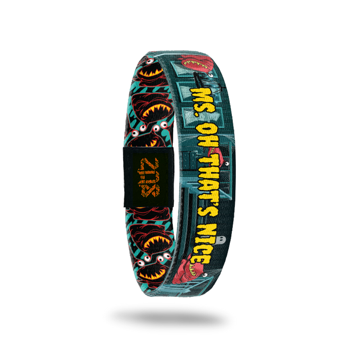 Product photo of the inside of 2020 - Day 20 - Ms. Oh That's Nice: haunted house design with red monsters with sharp yellow teeth and one eyeball and yellow 'MS. OH THAT'S NICE' text