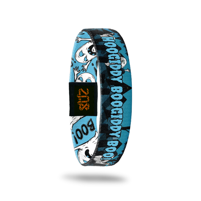 Product photo for the inside of 2020 - Day 5 - Hoogiddy Boogiddy Boo!: blue and black graveyard design with repeating white ghost with arms stretched upward with frowning face and blue "HOOGIDDY BOOGIDDY BOO!" text