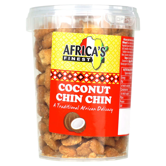 A 250g pack of Africa's Finest Chin Chin Coconut, featuring golden-brown crunchy fried dough bites flavored with coconut, sealed in branded packaging.
