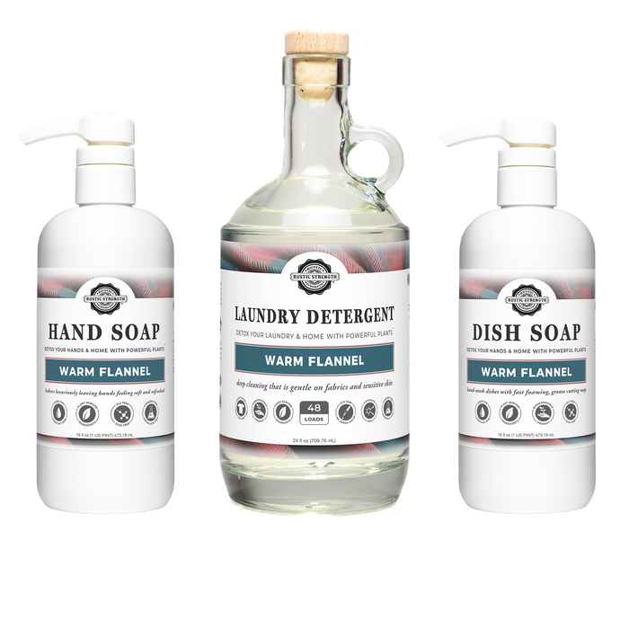 Rustic Strength - Autumn Cleaning Set | Warm Flannel: 16oz Warm Flannel Hand Soap, 24oz Warm Flannel Laundry Detergent & 16oz Warm Flannel Dish Soap