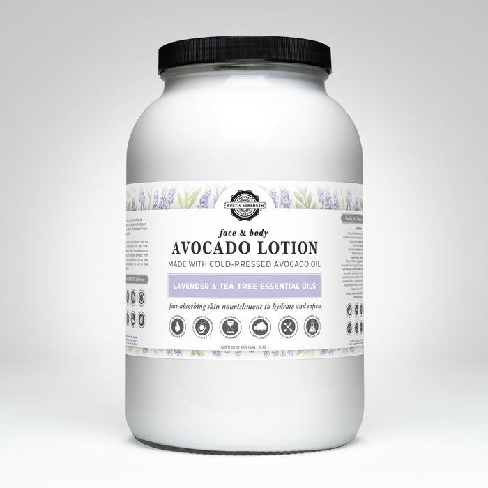 Rustic Strength, Avocado Lotion, 128oz Glass, Lavender & Tea Tree
