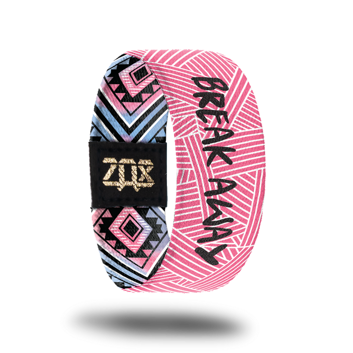 Inside design of Break Away, is a pink background with thin white lines interesting like a woven pattern and Break Away in black text in the center