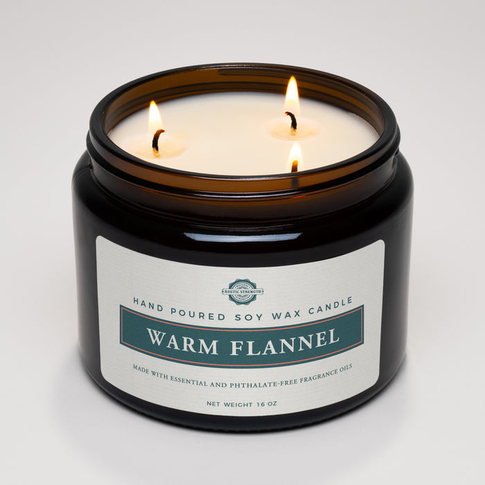 Rustic Strength, Candle, 16oz, Amber Glass with wick, Warm Flannel