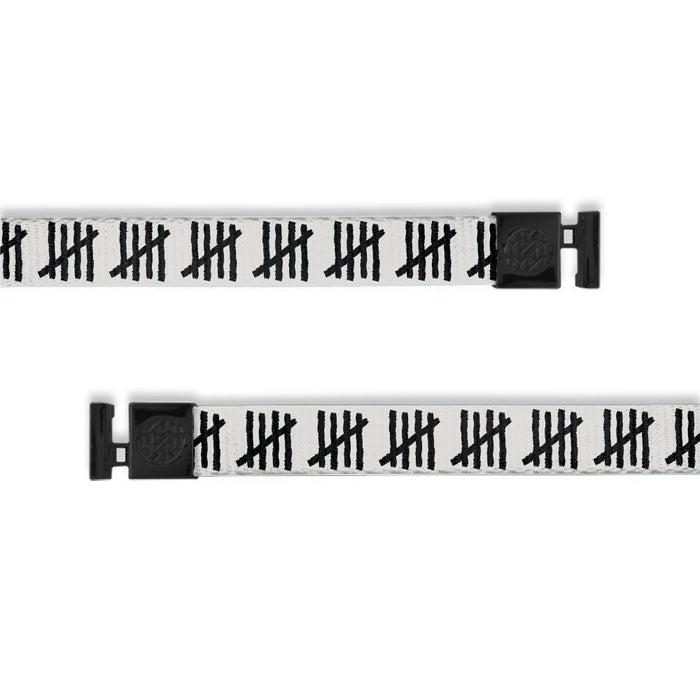 Flat hoodie string that changes out. Each side is white with black hash marks. Inside reads "Count Your Blessings". Each end has black metal aglets for changing the strings.