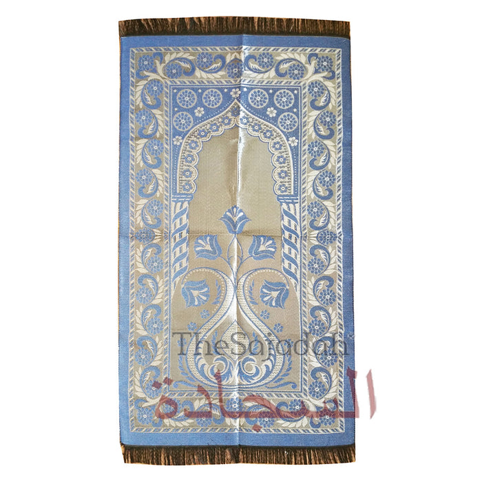 Extra Thin Dark Blue Chrome Flowers Pointed Arch Prayer Mat Salat Rug