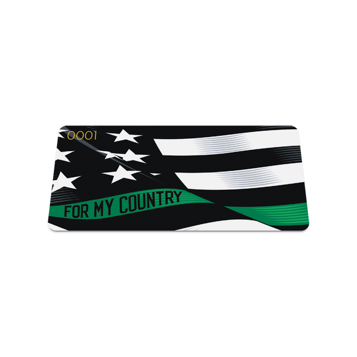 Front collector's card image of For My Country: wavy black and white United States flag with a line of green for one bottom stripe of the flag