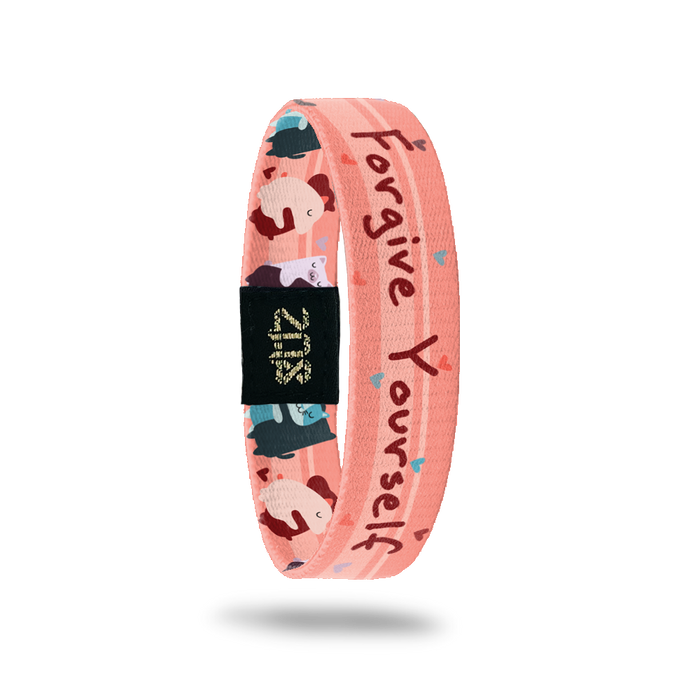 Inside Design of Forgive Yourself: pink background with blue, red, and purple hearts with red text ‘Forgive Yourself’