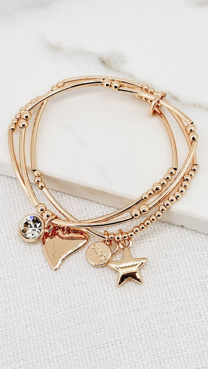 Gold Three Loop Heart & Star Charm Bracelet