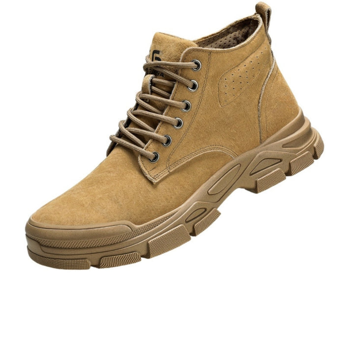 Side view of SafeStep unisex winter work boots made of tan suede leather with integrated steel toe protection