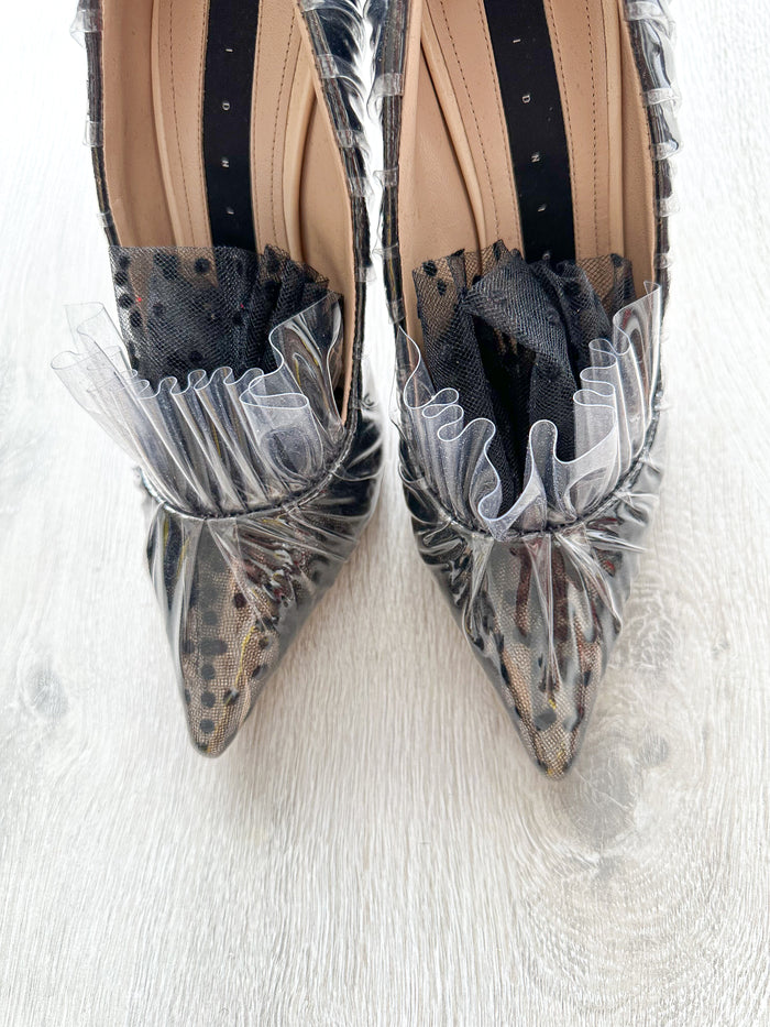 MIDNIGHT 00 Black Polka Dot Lace Detail Plastic Ruch Wrapped PVC High Heels - House Of Huntington