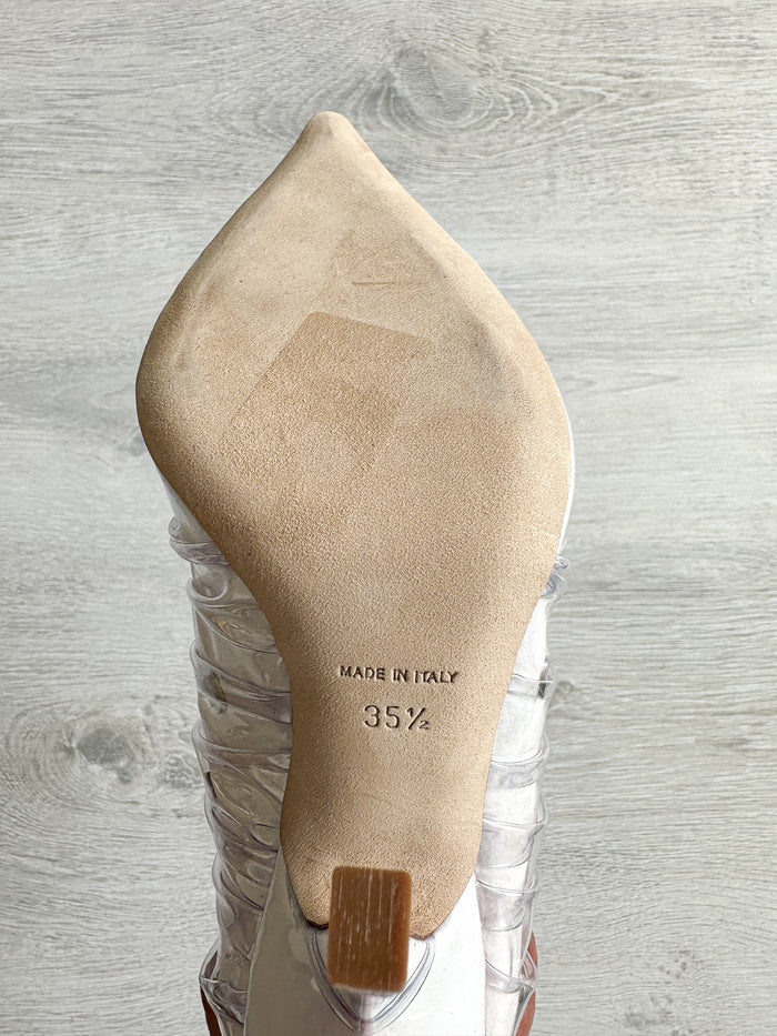 MIDNIGHT 00 White Plastic Ruched Crescent Moon Studded High Heels - House Of Huntington