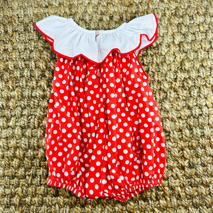 Mouse Ears Embroidered Bubble Romper - Red polka dot