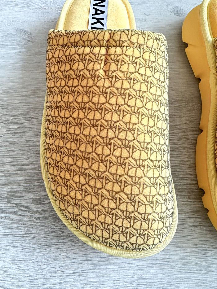 NAKED WOLFE Yellow Wolf Logo Print Velvet Sandals Slides - House Of Huntington