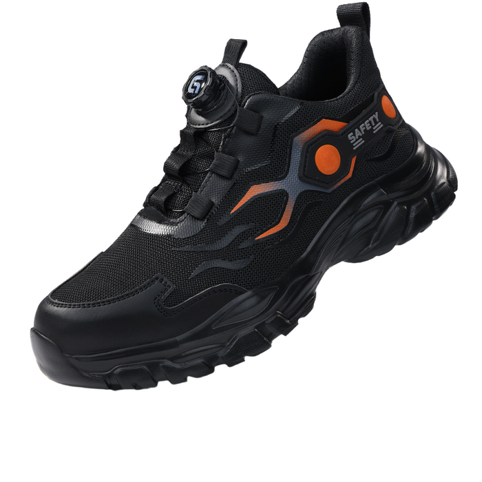 Rotary buckle steel toe work sneakers for warehouse and logistics workers, featuring a quick-lacing system and breathable athletic mesh in black and orange.