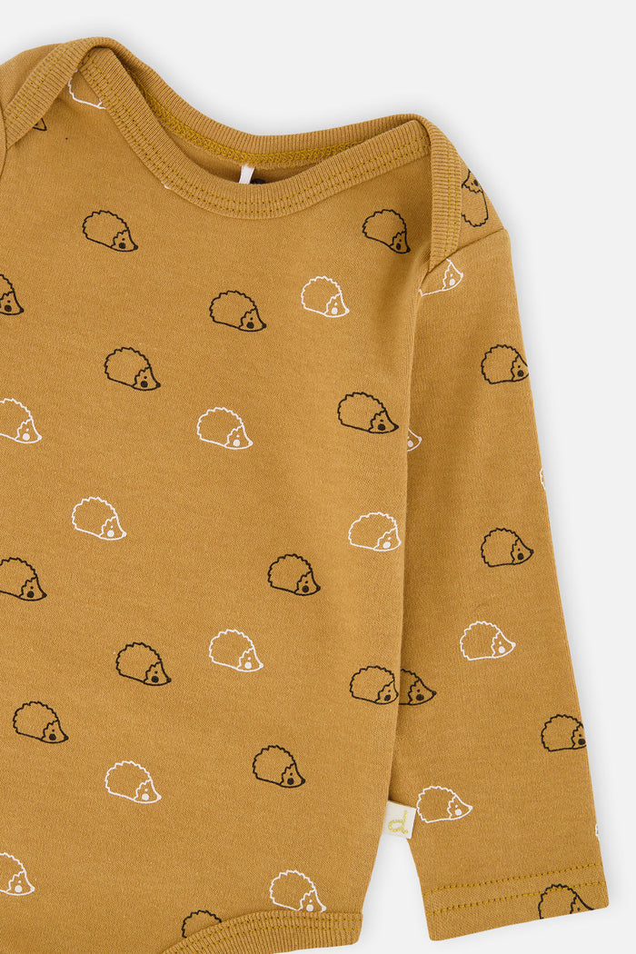 Close-up detail of the Deux par Deux organic cotton onesie with brown hedgehog print, view 5