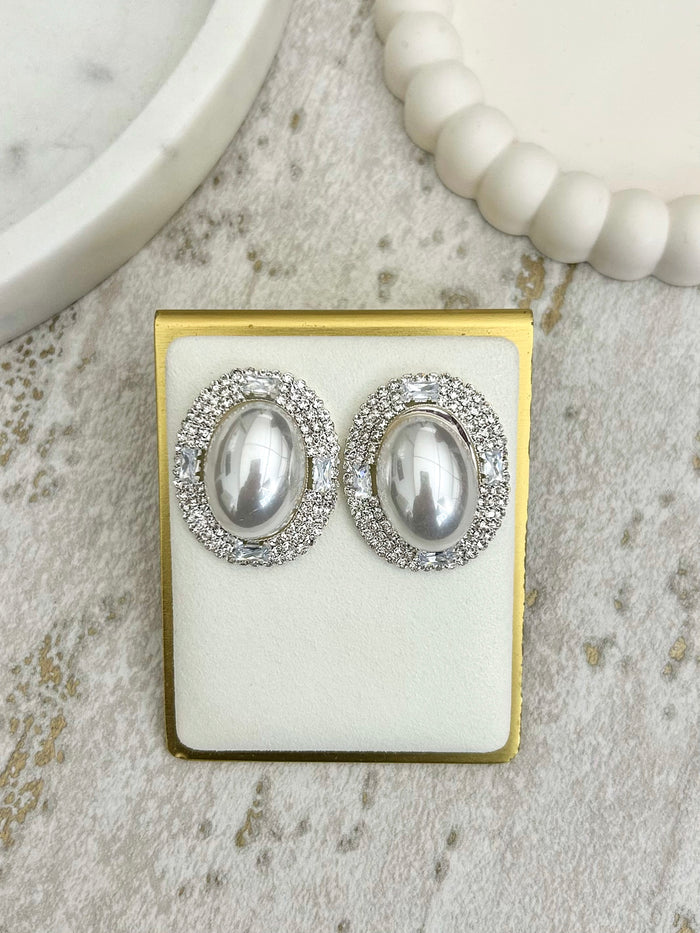 Oval Pearl Diamante Trim Stud Earrings (2 Colours)