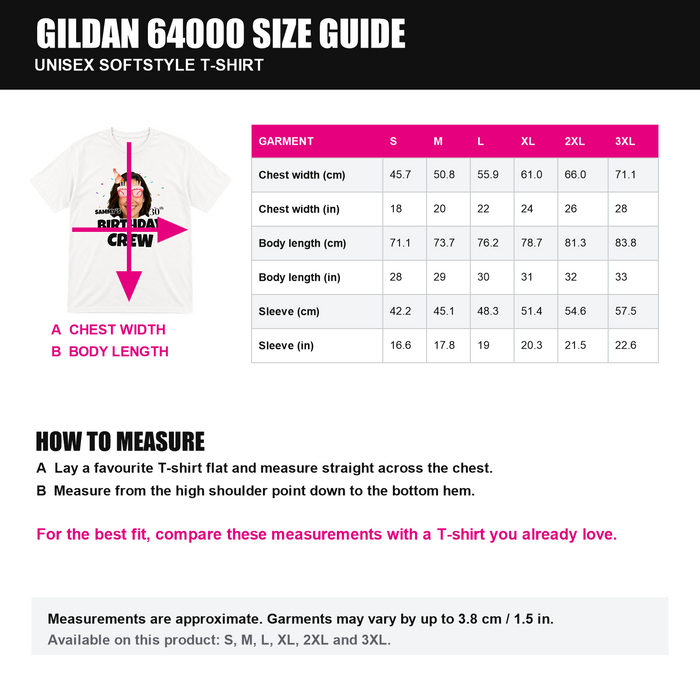 unisex t-shirt size guide showing measurements S to 3XL in centimetres and inches