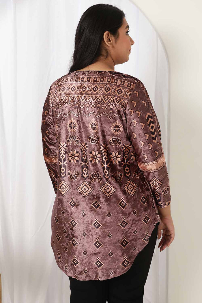 Purple Printed V Neck Velvet Top