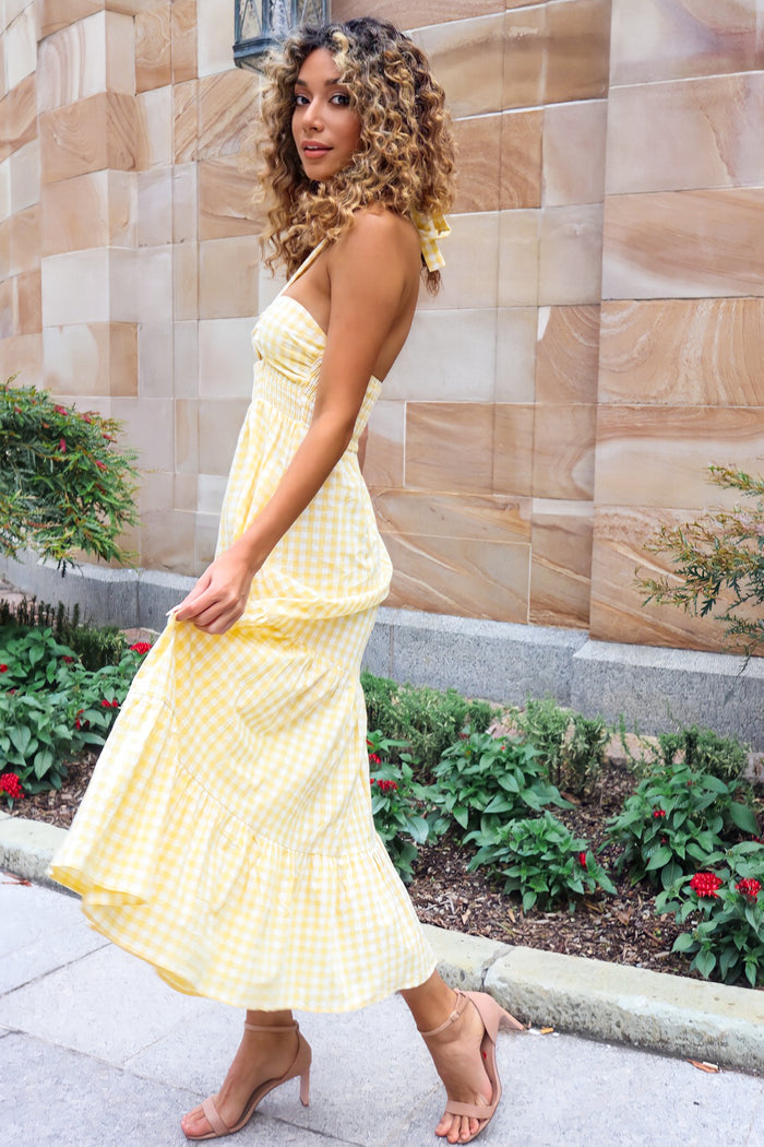 Saffron Maxi Dress - Yellow Gingham Print - Runway Goddess