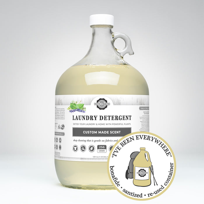 Rustic Strength, Laundry Detergent, 128oz Glass, Custom Made Scent - Aromatherapy Blend with image "I've been everywhere - Bonafide, Sanitized, Re-used Container"