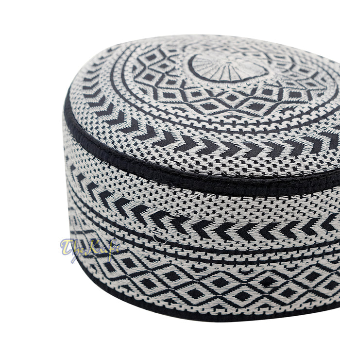 SIlver Embroidery Bugis Kufi Hat - Arrow Diamond Design Rigid Muslim Fashion Cap
