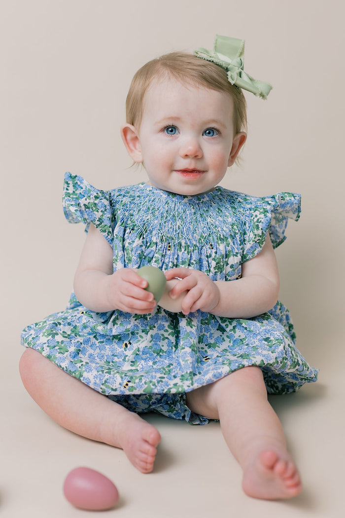 Smocked Floral Bubble Romper- Hydrangea & Bee Print