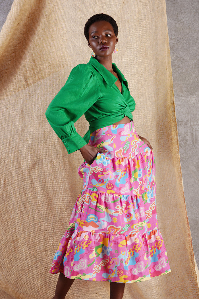 Splash Linen Blend Maxi Skirt Pink