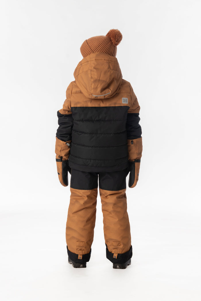 Child wearing the brown and black Deux par Deux PLAY snowsuit, back view