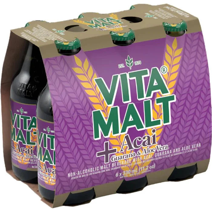 Vita Malt Acai 6 Pack, non-alcoholic malt beverage infused with acai flavor, offering a rich, refreshing taste to enjoy chilled anytime.