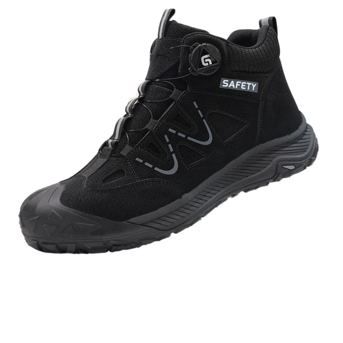 Side view of SafeStep PRO all-black indestructible safety sneakers with a quick-lacing dial system, water-resistant upper, and anti-smash steel toe.