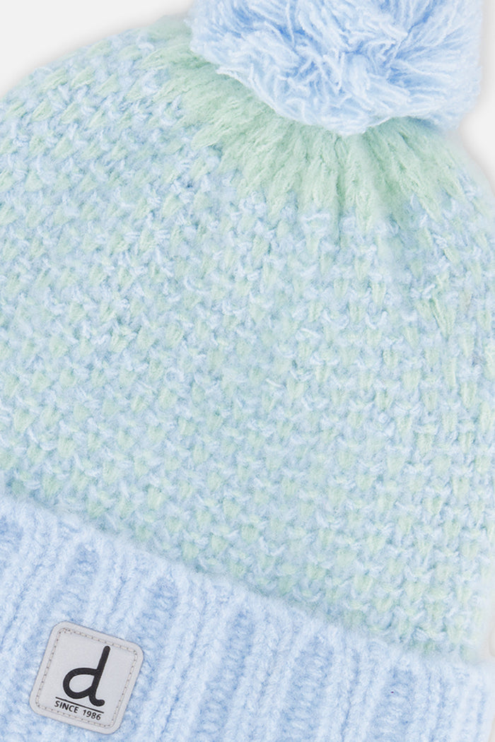 Deux par Deux kids' knit pompom hat in blue green – alternate view