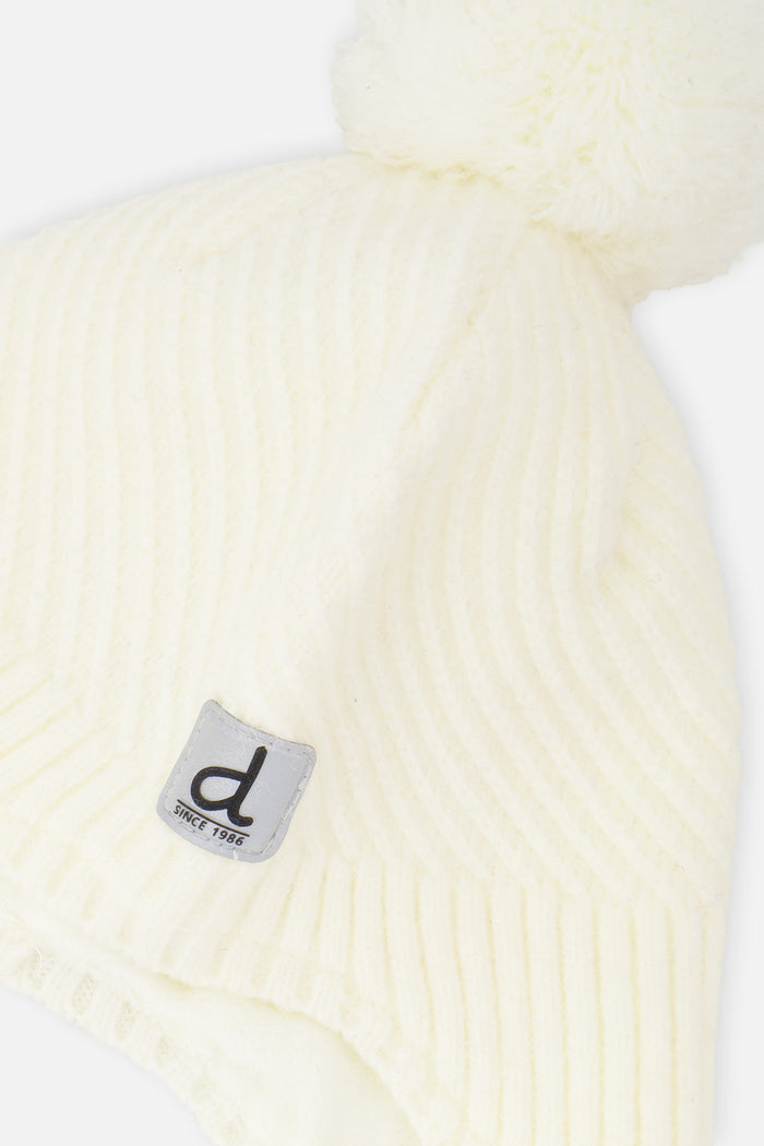 Deux par Deux winter Peruvian knit hat with pompom in off-white, view 4