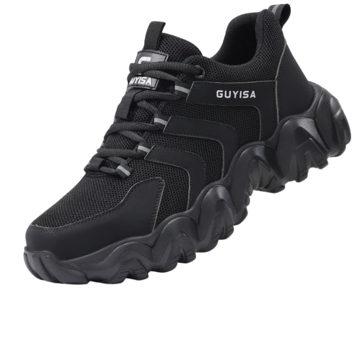 Triple black SafeStep CLOUD steel toe work shoes with breathable mesh upper and cushioned wave sole