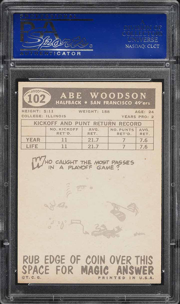 1959 Topps FB Card #102 Abe Woodson San Francisco 49ers ROOKIE RC PSA 8 NM-MT (MGD2)
