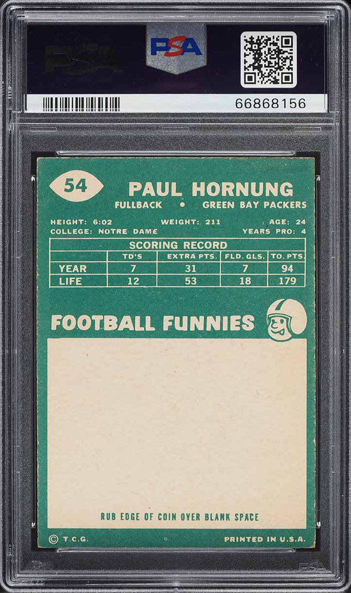 1960 Topps FB Card # 54 Paul Hornung Green Bay Packers HOF PSA 6 EXMT (MGD2)
