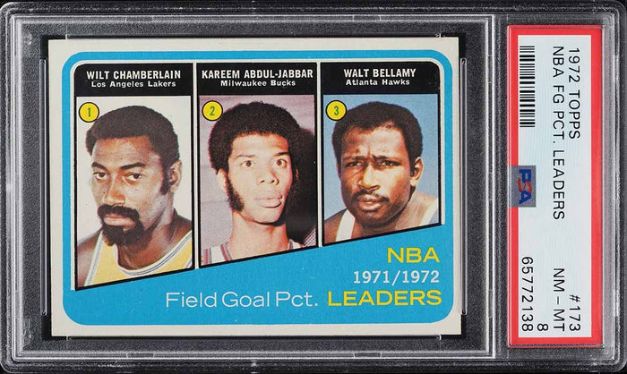 1972 Topps BkB Card #173 Wilt Chamberlain Kareem Abdul-Jabbar LDRS PSA 8 NM-MT (MGD2)