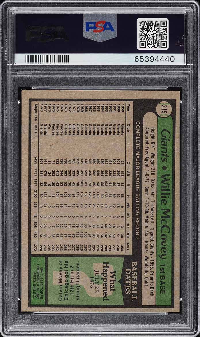 1979 Topps BB Card #215 Willie McCovey San Francisco Giants HOF PSA 8 NM-MT (MGD2)
