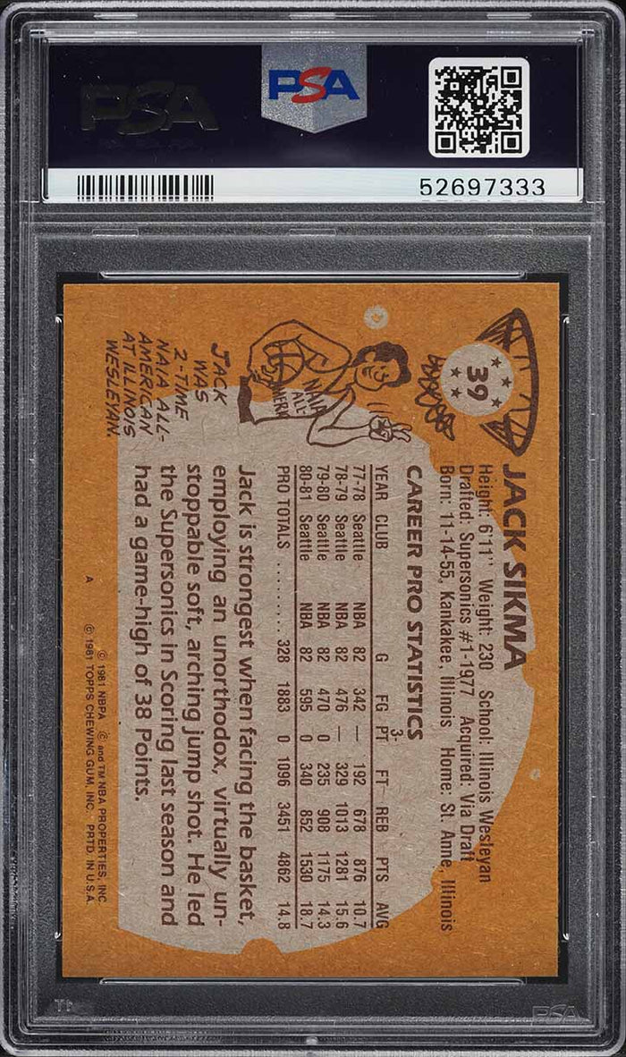 1981 Topps BkB Card # 39 Jack Sikma Seattle Supersonics HOF PSA 9 MINT (MGD2)