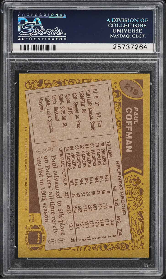 1986 Topps FB Card #219 Paul Coffman Green Bay Packers HOF PSA 8.5 NM-MT+ (MGD2)
