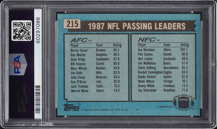 1988 Topps FB Card #215 Bernie Kosar & Joe Montana PASSING LDRS PSA 10 GEM MINT (MGD2)