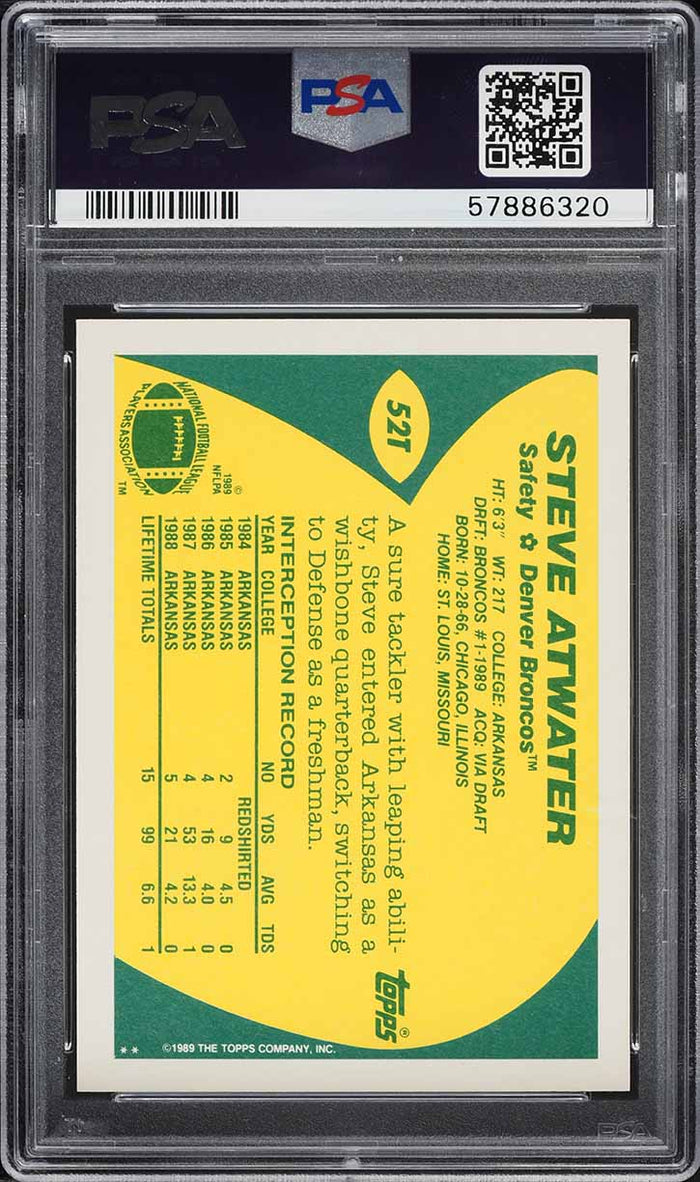 1989 Topps Traded FB Card # 52T Steve Atwater ROOKIE RC PSA 10 GEM MINT (MGD2)