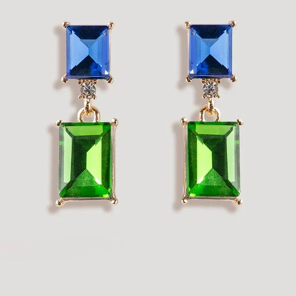 2 Tone Jewel Drop Earrings in Blue and Emerald
