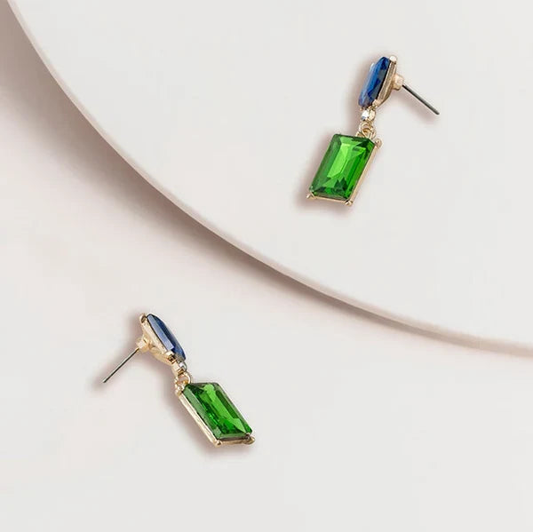 2 Tone Jewel Drop Earrings in Blue and Emerald