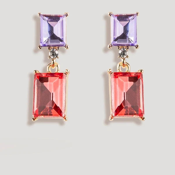 2 Tone Jewel Drop Earrings in Violet and Coral