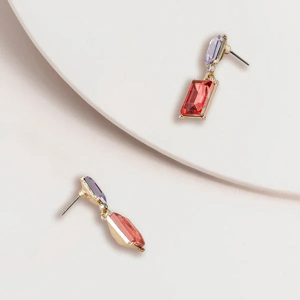 2 Tone Jewel Drop Earrings in Violet and Coral