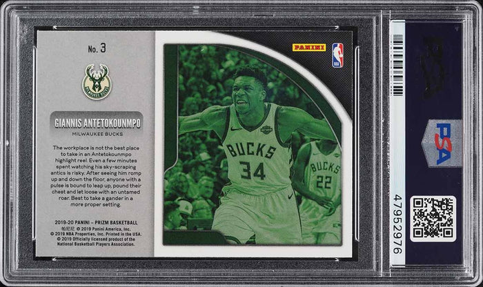 2019 Panini Prizm BkB Card Get Hyped! # 3 Giannis Antetokounmpo PSA 10 GEM MINT (MGD2)
