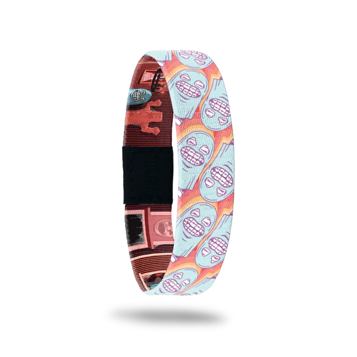Product photo of the outside of 2020 - Day 13 - That's Just Chad: orange-red design with repeating child with braces covered with a baby blue sheet with the eyes and mouth cut out of it